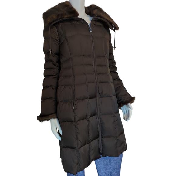 Laundry by Shelli Segal Chocolate Brown Down Faux Fur Collar Puffer Coat Size L - Picture 1 of 10